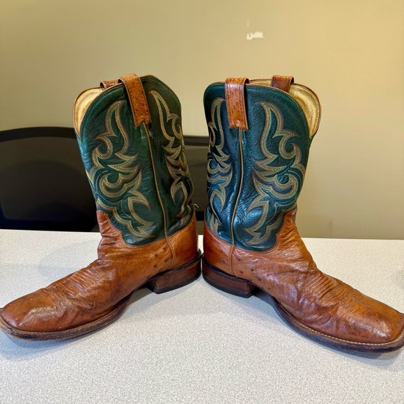 Justin 5505 Western Boot Cognac Smooth Ostrich Leather Square Toe Green 10 D - Picture 6 of 10